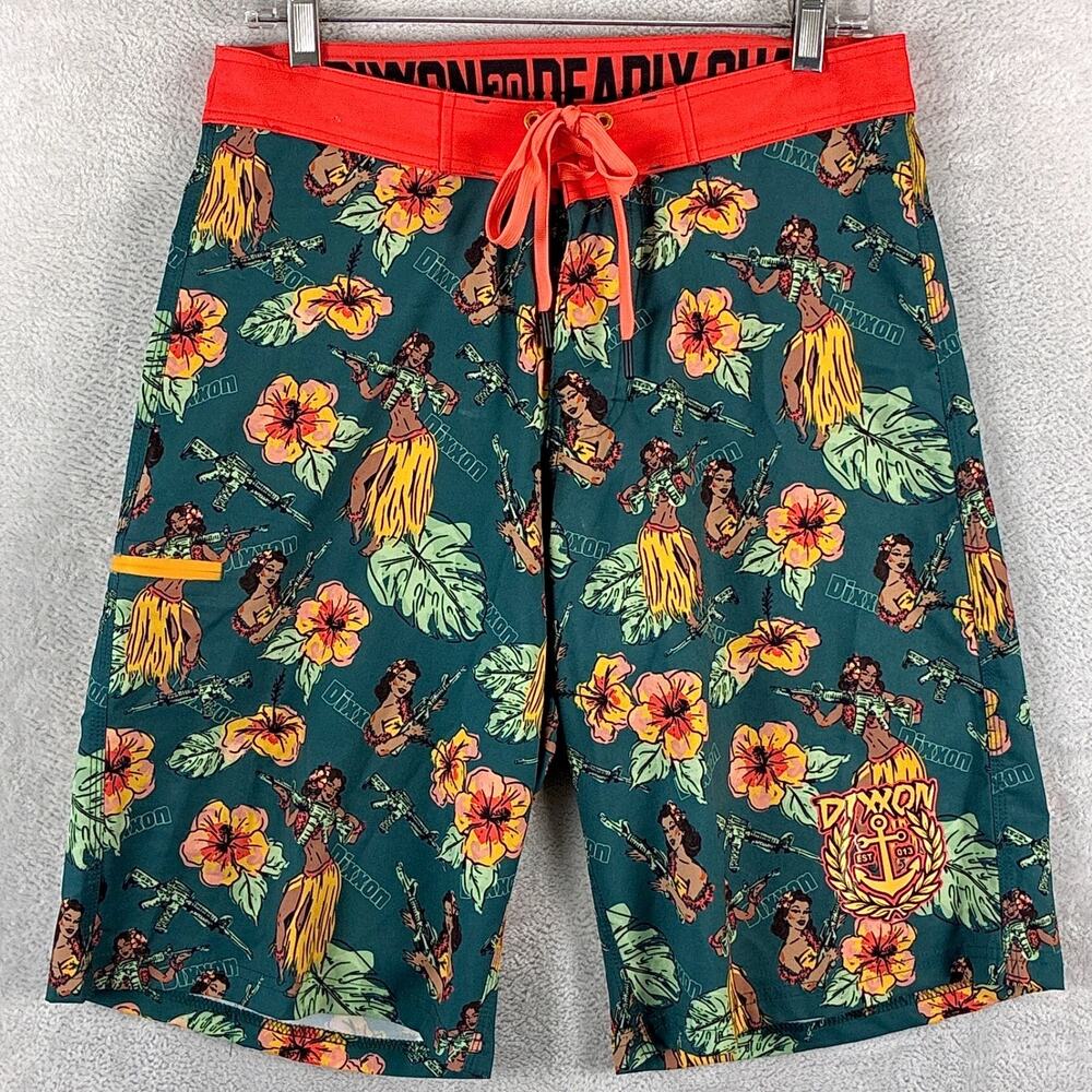 Dixxon Board Shorts Men 30 Green Floral Hula Girl M4 AOP Hawaiian Surf Tropical